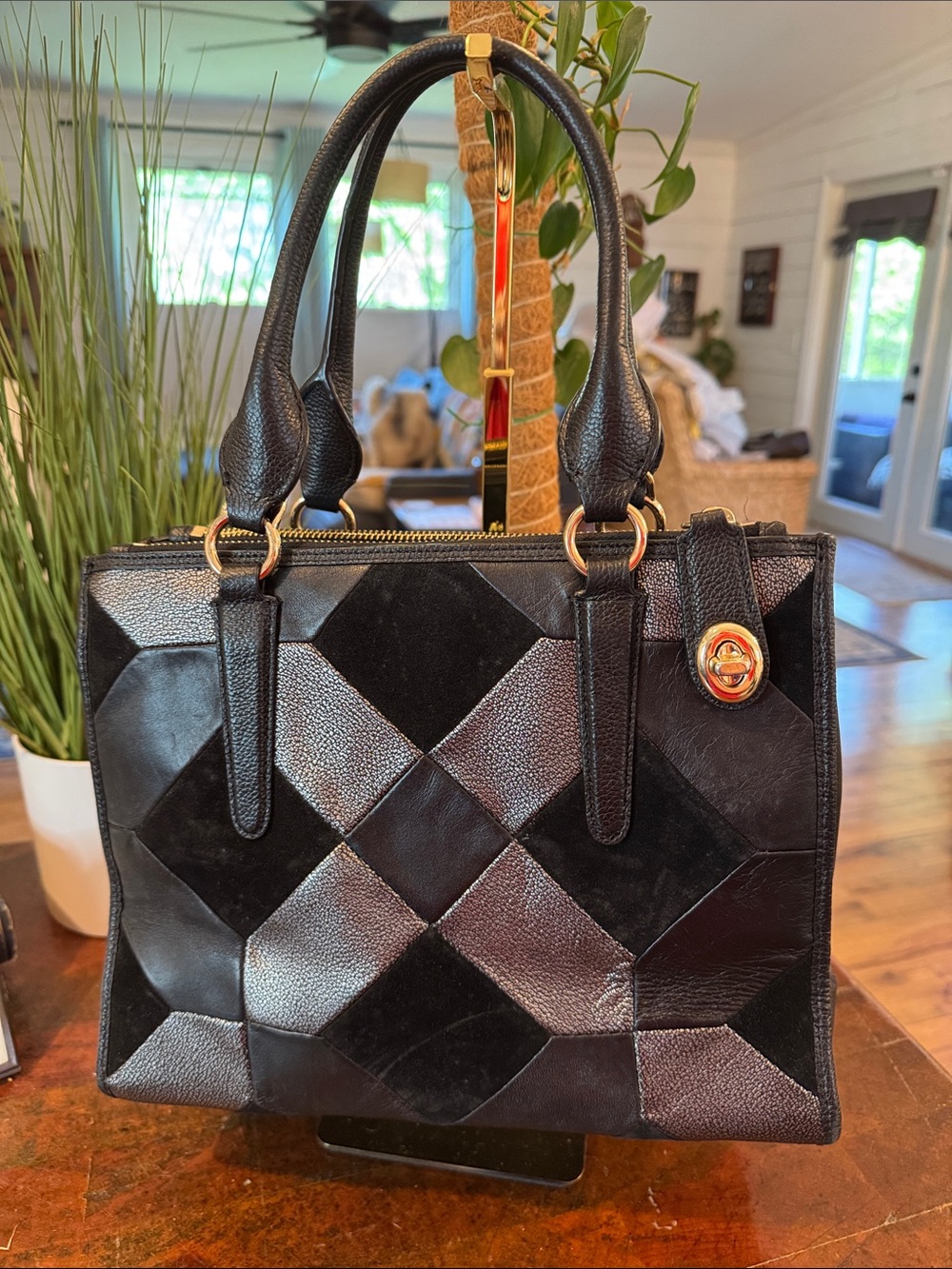Coach Black Patchwork Leather & Suede Satchel - Picture 6 of 16